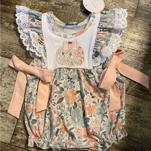 Abby & Evie Pumpkin Embroidered Romper 3M Fall Baby Girl Romper Outfit NWT